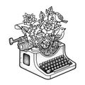 Vintage Typewriter with Roses and Birds - Line Art Illustration Royalty Free Stock Photo
