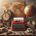 Vintage typewriter, books, clock and glasses on wooden table Royalty Free Stock Photo