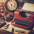 Vintage typewriter, books, clock and glasses on wooden table Royalty Free Stock Photo