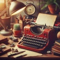 Vintage typewriter, books, clock and glasses on wooden table Royalty Free Stock Photo