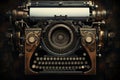 Vintage typewriter on a dark wooden background. 3d illustration, Vintage typewriter header with old paper. retro machine