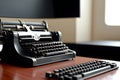 A vintage typewriter on a desk with a keyboard generated by ai