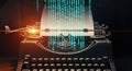 Vintage typewriter with digital binary code falling on paper Royalty Free Stock Photo