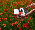 Vintage typewriter in hand, education, business, grammar. Royalty Free Stock Photo