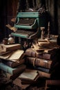 vintage typewriter next to a pile of old manuscripts