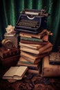 vintage typewriter next to a pile of old manuscripts