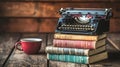Vintage typewriter on old books with coffee Royalty Free Stock Photo