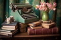 vintage typewriter and old books on a table Royalty Free Stock Photo