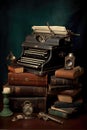 vintage typewriter and a stack of manuscripts