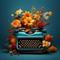 Vintage typewriter surrounded by vibrant flowers Royalty Free Stock Photo