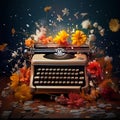 Vintage typewriter surrounded by vibrant flowers Royalty Free Stock Photo