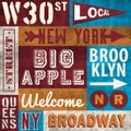 Vintage typo collage with new york street names on a grunge textured background