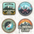 Vintage typography design with climber, carabiner and mountains