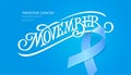 Vintage typography Movember. Prostate cancer awareness month. November symbol. Blue ribbon and sign for card, poster