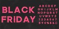 Pink Black friday sale illuminated bulb text. Vintage typography for theater or showtime movie design.