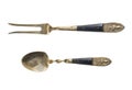 Vintage Unusual Antique Arabic Cutlery gold spoons, forks isolated on white background. Antique silverware.