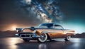 vintage unusual classic car concept, 3D illustration with empty concrete floor under open night starry sky,