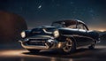 vintage unusual classic car concept, 3D illustration with empty concrete floor under open night starry sky,