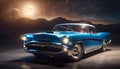 vintage unusual classic car concept, 3D illustration with empty concrete floor under open night starry sky,