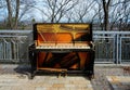 Vintage upright piano with the internal parts exposed on street in Kyiv Ukraine