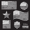 Vintage USA American grunge flag set, white isolated on black background, illustration.