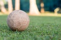 vintage used soccer ball lying on the grass in park, in the shadow. Trees in the background are in the sun, Rio de Janeiro. Royalty Free Stock Photo