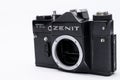 Old Soviet Zenit TTL 35 mm film camera isolated on white