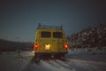 Vintage ussr yellow van winter snow forest Royalty Free Stock Photo