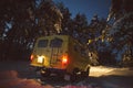 Vintage ussr yellow van winter snow forest Royalty Free Stock Photo