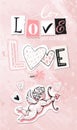 Vintage Valentine card with cupid and the word Love from newspaper letters, hand drawn pink background, holiday collage