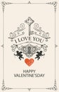 Vintage valentine card with key, cupids and heart