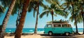 The vintage van parked on a sunlit beach under palm trees. AI generated image Royalty Free Stock Photo
