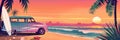 Vintage van and surfboard on tropical beach with palm trees during colorful sunset banner. Panoramic web header. Wide Royalty Free Stock Photo