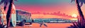 Vintage van and surfboard on tropical beach with palm trees during colorful sunset banner. Panoramic web header. Wide Royalty Free Stock Photo