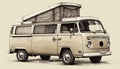 Vintage van with an tent awning for camping and travel on a light background, AI generated