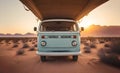 A vintage van traveling, nomadic escape alone in nature at sunset, on a desert path for a road trip towards adventure