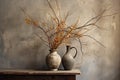 Vintage vases with autumn branches on wooden table against grunge wall