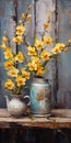 Vintage Vases And Yellow Orchids: A Luxurious Rustic Painting