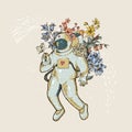 Vintage vector astronaut illustration with flowers. Science fiction, Hand drawn space Royalty Free Stock Photo