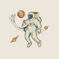 Vintage vector astronaut in space, planet and stars. Science fiction, Hand drawn illustration Royalty Free Stock Photo