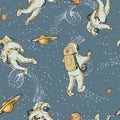 Vintage vector astronaut in space seamless pattern, planet and stars. Science fiction, Hand drawn wallpaper Royalty Free Stock Photo