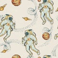 Vintage vector astronaut in space seamless pattern, planet and stars. Science fiction, Hand drawn wallpaper Royalty Free Stock Photo