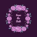 Vintage vector card with a round frame of pink garden roses on a violet background. Royalty Free Stock Photo