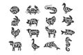 Vintage vector of farm animals and sea animals with lettering. Rabbit, pork, turkey, chicken, lamb, goat, beef, duck Royalty Free Stock Photo