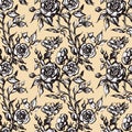 Vintage vector floral seamless pattern in victorian style with flowers, buds and leaves of roses. Ink line art monochrome drawing Royalty Free Stock Photo