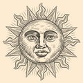 Shining sun with a human face and straight and wavy rays. Vintage vector illustration engraving style Royalty Free Stock Photo