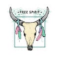 The painted native totem, cow skull with feathers, Royalty Free Stock Photo