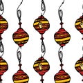 The pattern of a round Chinese lantern in red and yellow. Seamless pattern of a simple Japanese street lamp drawn in a
