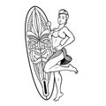 Vintage vector illustration with pin up girl with surfboard