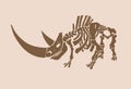 Vintage vector illustration of woolly rhinoceros skeleton on sepia background